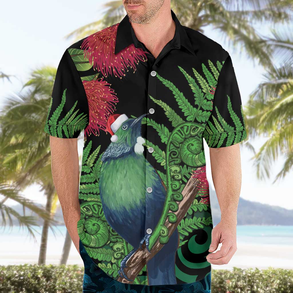 New Zealand Tui Bird Christmas Hawaiian Shirt Maori Fern Mix Pohotukawa