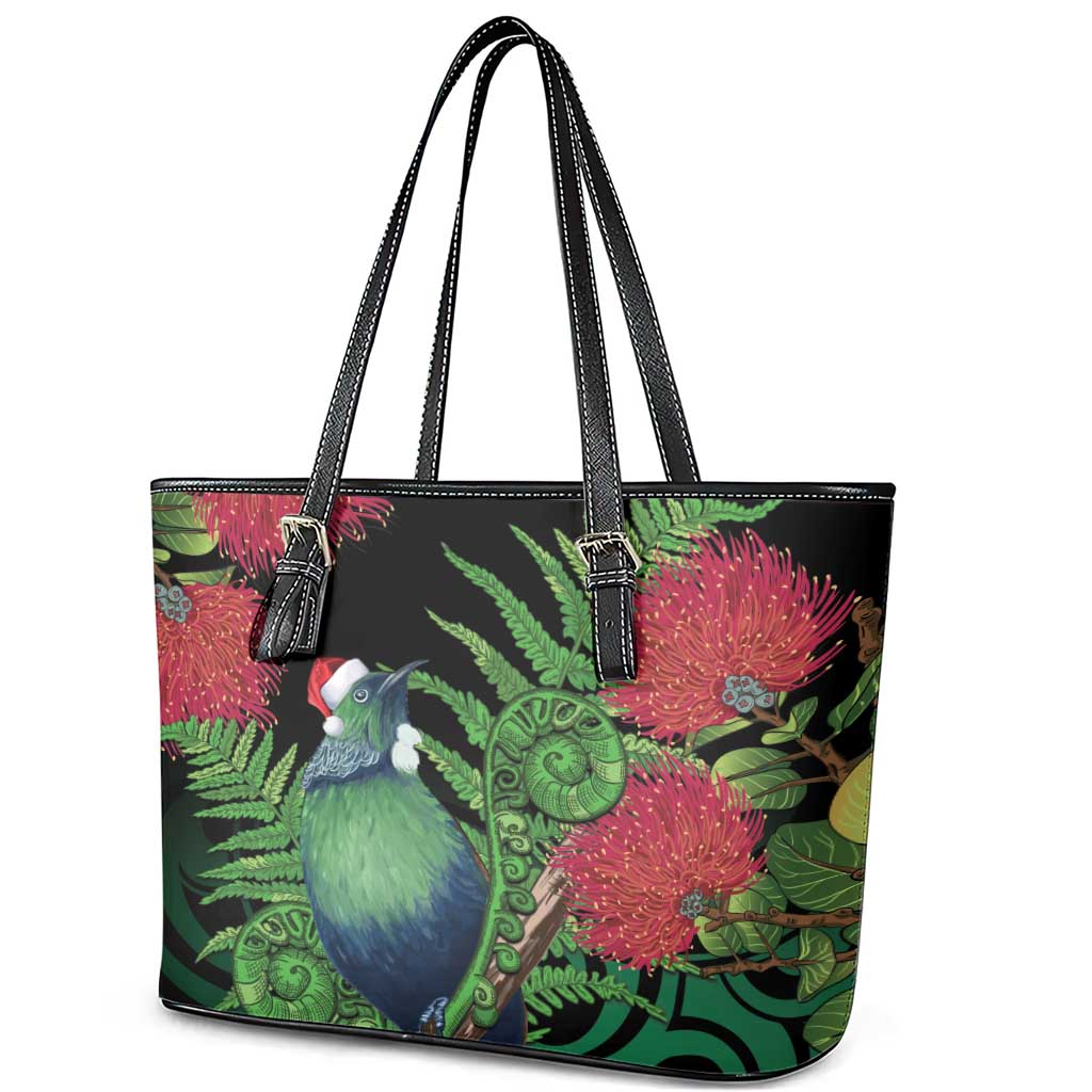 New Zealand Tui Bird Christmas Leather Tote Bag Maori Fern Mix Pohotukawa LT14 - Polynesian Pride