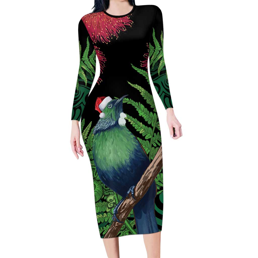 New Zealand Tui Bird Christmas Long Sleeve Bodycon Dress Maori Fern Mix Pohotukawa LT14 Long Dress Black - Polynesian Pride