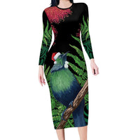 New Zealand Tui Bird Christmas Long Sleeve Bodycon Dress Maori Fern Mix Pohotukawa LT14 Long Dress Black - Polynesian Pride