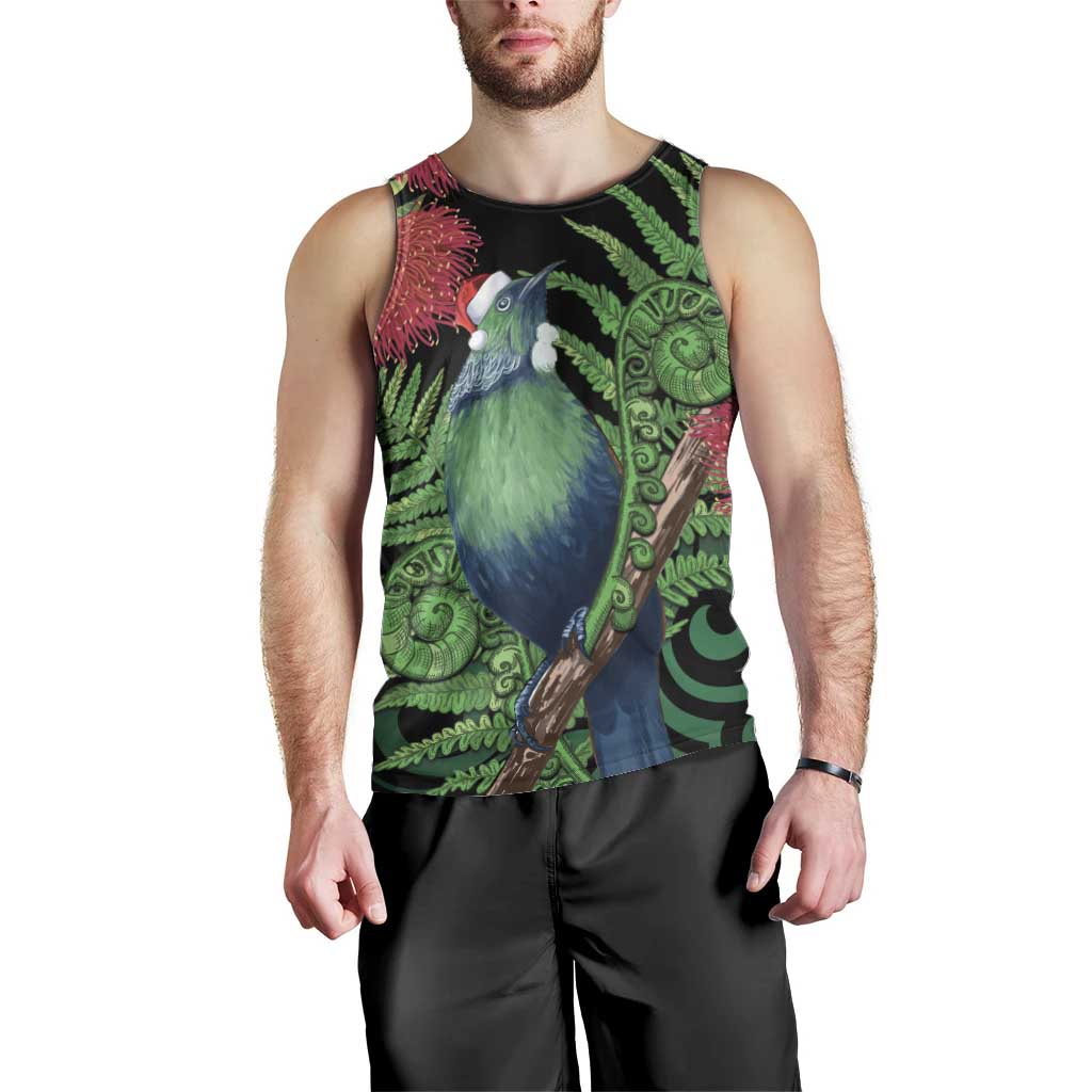 New Zealand Tui Bird Christmas Men Tank Top Maori Fern Mix Pohotukawa