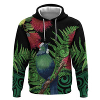 New Zealand Tui Bird Christmas Zip Hoodie Maori Fern Mix Pohotukawa LT14 Pullover Hoodie Black - Polynesian Pride
