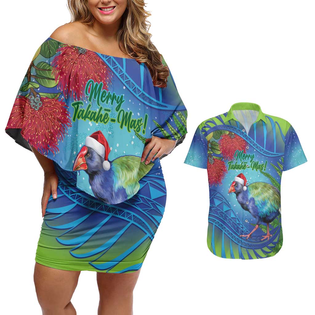 New Zealand Takahe Christmas Couples Matching Off Shoulder Short Dress and Hawaiian Shirt Maori Fern Mix Pohotukawa LT14 Blue - Polynesian Pride