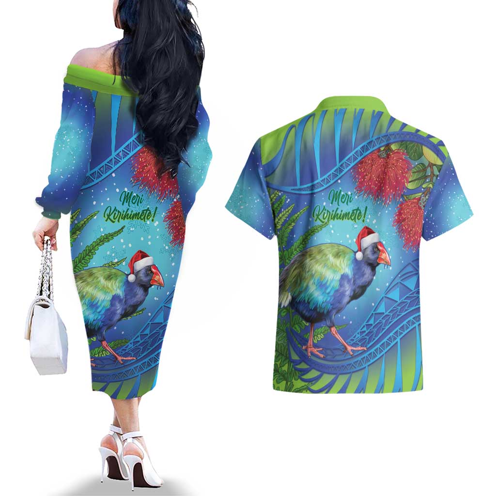 New Zealand Takahe Christmas Couples Matching Off The Shoulder Long Sleeve Dress and Hawaiian Shirt Maori Fern Mix Pohotukawa