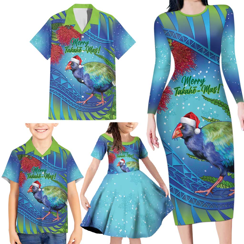 New Zealand Takahe Christmas Family Matching Long Sleeve Bodycon Dress and Hawaiian Shirt Maori Fern Mix Pohotukawa LT14 - Polynesian Pride