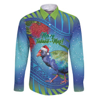 New Zealand Takahe Christmas Family Matching Long Sleeve Bodycon Dress and Hawaiian Shirt Maori Fern Mix Pohotukawa LT14 Dad's Shirt - Long Sleeve Blue - Polynesian Pride