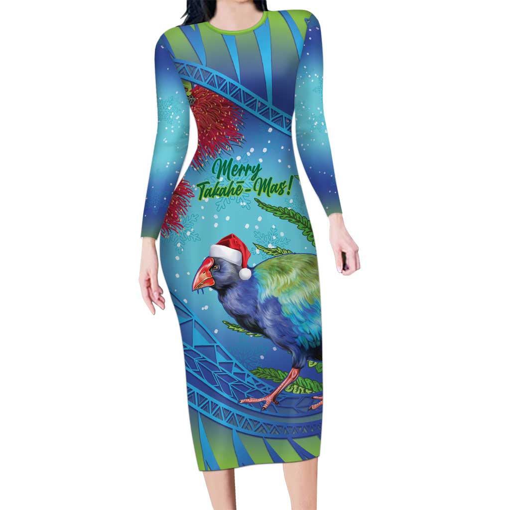 New Zealand Takahe Christmas Family Matching Long Sleeve Bodycon Dress and Hawaiian Shirt Maori Fern Mix Pohotukawa LT14 Mom's Dress Blue - Polynesian Pride