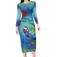 New Zealand Takahe Christmas Family Matching Long Sleeve Bodycon Dress and Hawaiian Shirt Maori Fern Mix Pohotukawa LT14 Mom's Dress Blue - Polynesian Pride