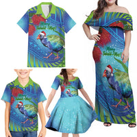 New Zealand Takahe Christmas Family Matching Off Shoulder Maxi Dress and Hawaiian Shirt Maori Fern Mix Pohotukawa