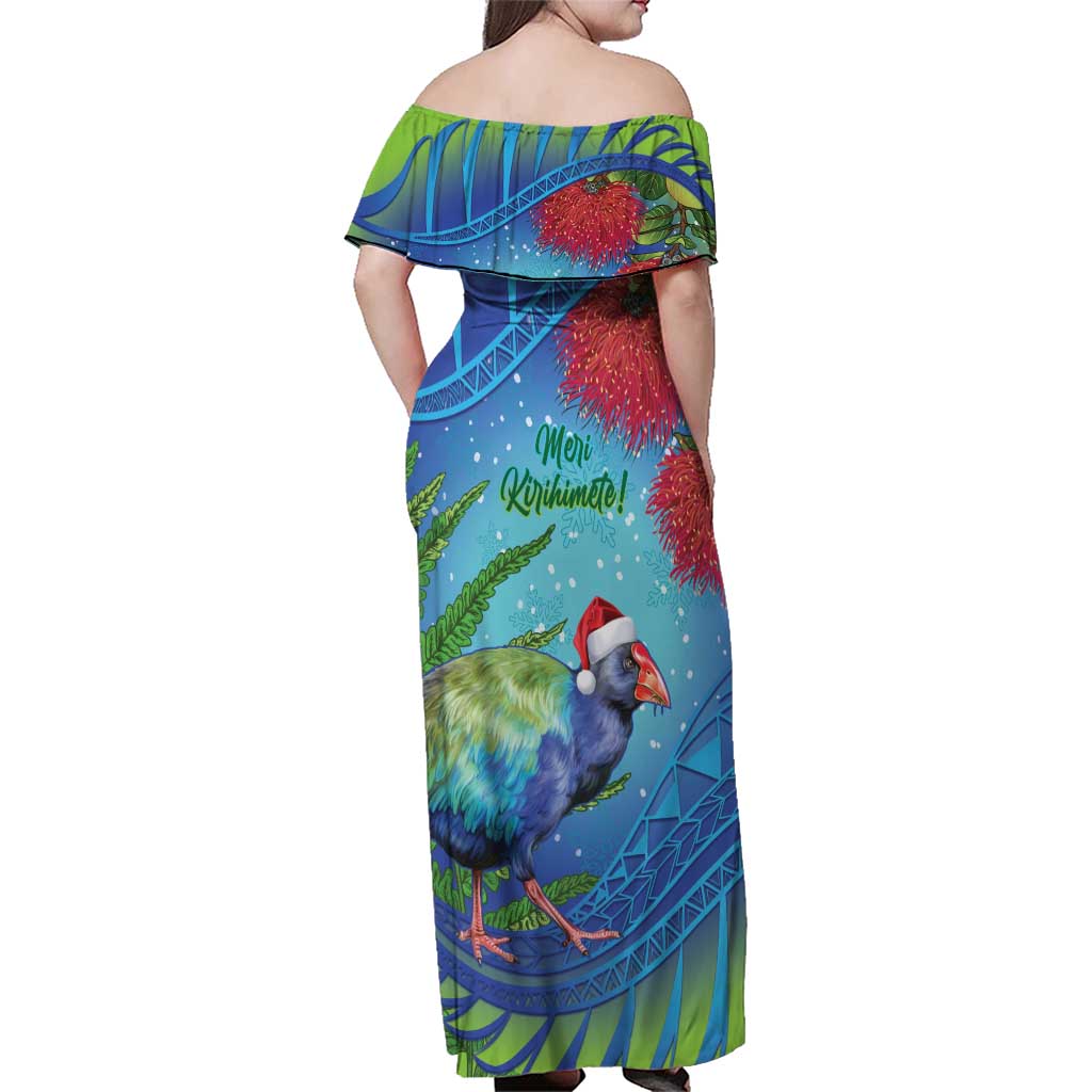 New Zealand Takahe Christmas Family Matching Off Shoulder Maxi Dress and Hawaiian Shirt Maori Fern Mix Pohotukawa