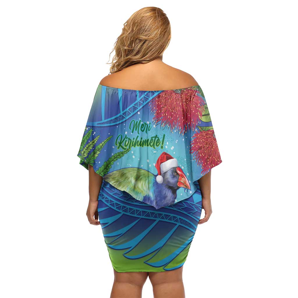New Zealand Takahe Christmas Family Matching Off Shoulder Short Dress and Hawaiian Shirt Maori Fern Mix Pohotukawa