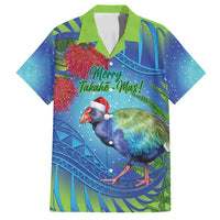 New Zealand Takahe Christmas Family Matching Puletasi and Hawaiian Shirt Maori Fern Mix Pohotukawa LT14 Dad's Shirt - Short Sleeve Blue - Polynesian Pride