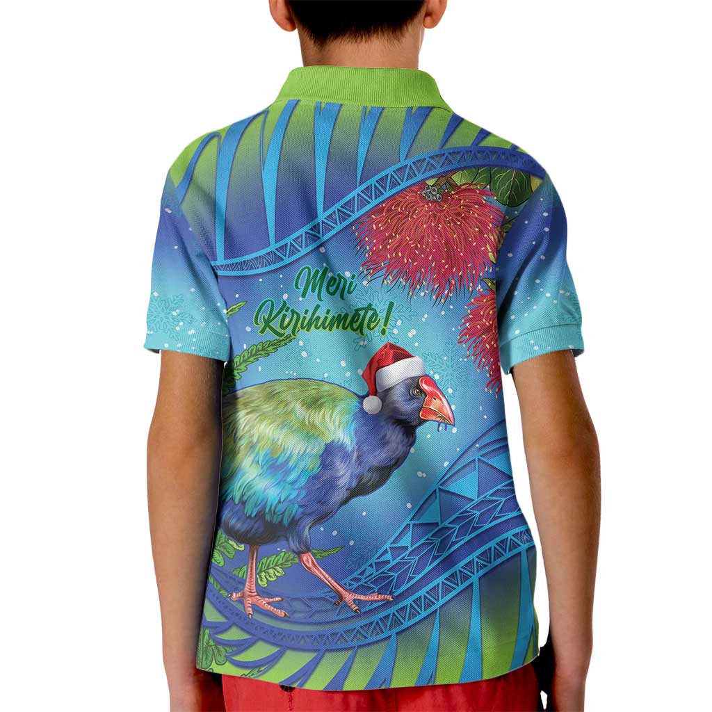 New Zealand Takahe Christmas Kid Polo Shirt Maori Fern Mix Pohotukawa