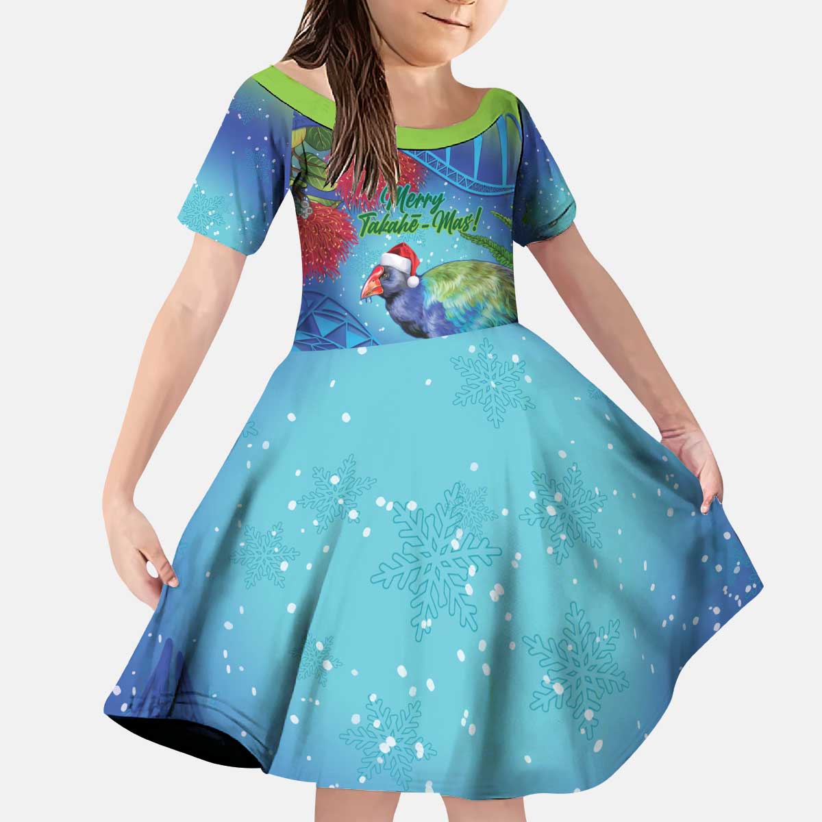 New Zealand Takahe Christmas Kid Short Sleeve Dress Maori Fern Mix Pohotukawa