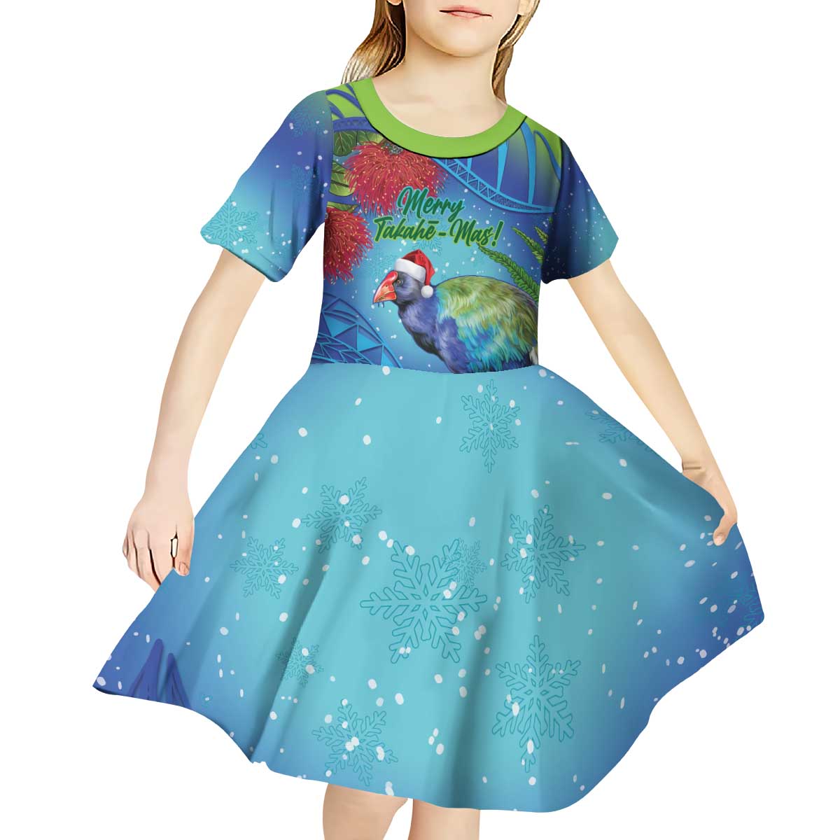 New Zealand Takahe Christmas Kid Short Sleeve Dress Maori Fern Mix Pohotukawa
