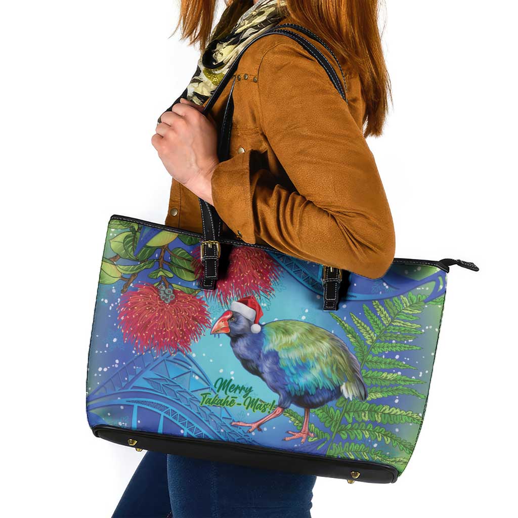 New Zealand Takahe Christmas Leather Tote Bag Maori Fern Mix Pohotukawa