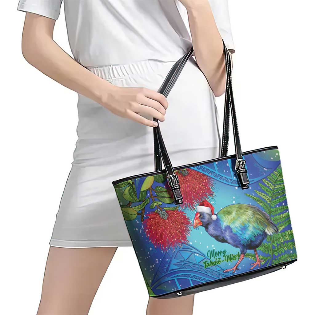 New Zealand Takahe Christmas Leather Tote Bag Maori Fern Mix Pohotukawa LT14 - Polynesian Pride