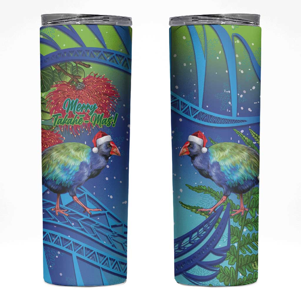 New Zealand Takahe Christmas Skinny Tumbler Maori Fern Mix Pohotukawa LT14 Blue - Polynesian Pride