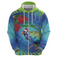 New Zealand Takahe Christmas Zip Hoodie Maori Fern Mix Pohotukawa LT14 - Polynesian Pride
