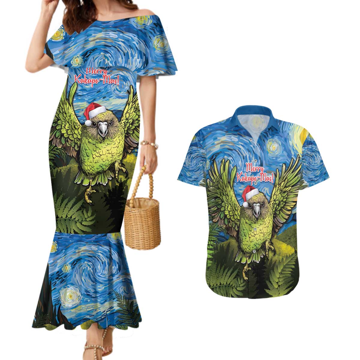 Personalised Jumping Kakapo Christmas Couples Matching Mermaid Dress and Hawaiian Shirt New Zealand Fern - Starry Night Style