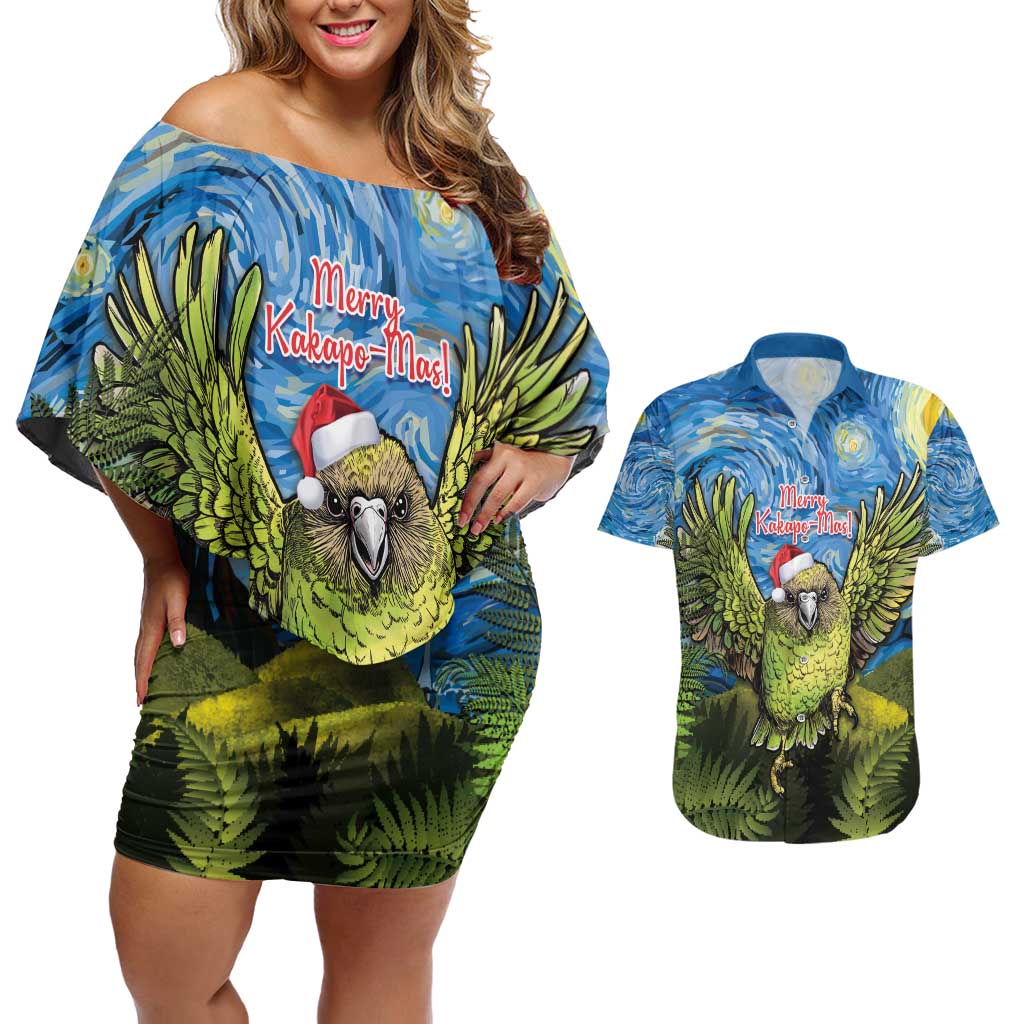 Personalised Jumping Kakapo Christmas Couples Matching Off Shoulder Short Dress and Hawaiian Shirt New Zealand Fern - Starry Night Style LT14 Green - Polynesian Pride