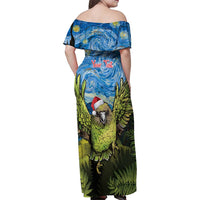 Personalised Jumping Kakapo Christmas Family Matching Off Shoulder Maxi Dress and Hawaiian Shirt New Zealand Fern - Starry Night Style