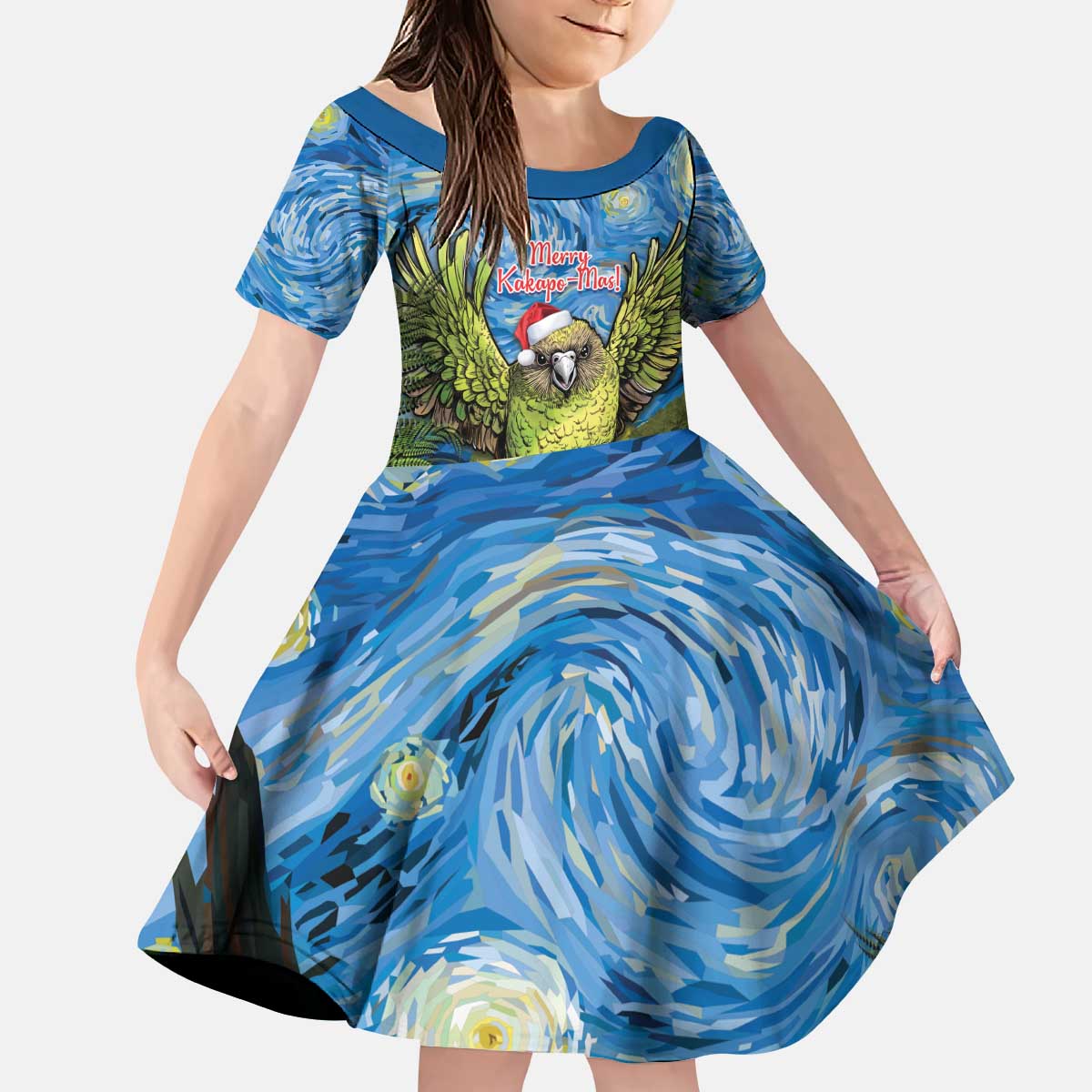 Personalised Jumping Kakapo Christmas Kid Short Sleeve Dress New Zealand Fern - Starry Night Style