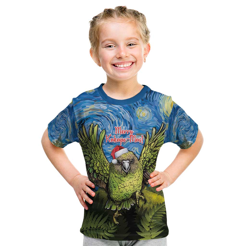 Personalised Jumping Kakapo Christmas Kid T Shirt New Zealand Fern - Starry Night Style