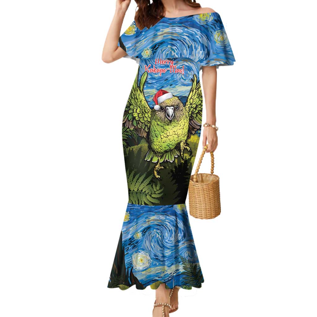 Personalised Jumping Kakapo Christmas Mermaid Dress New Zealand Fern - Starry Night Style LT14 Women Green - Polynesian Pride
