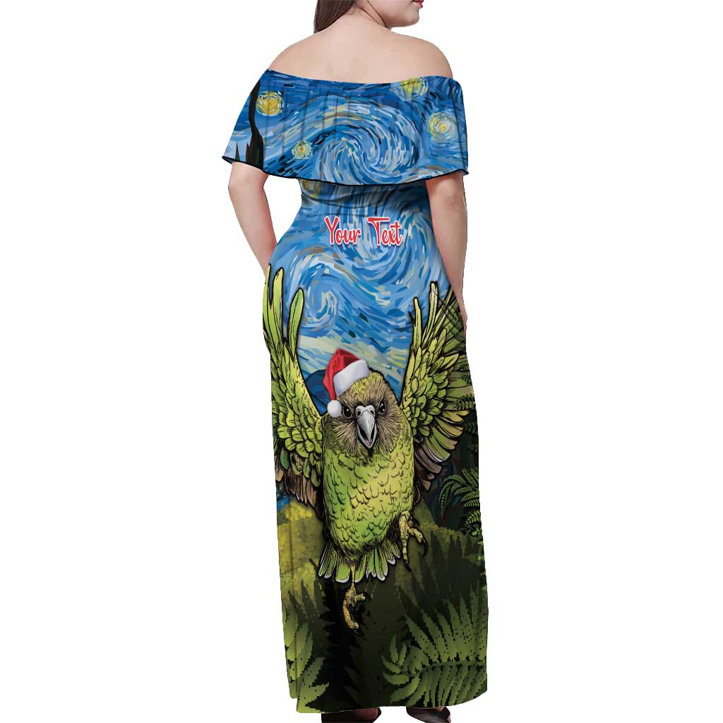 Personalised Jumping Kakapo Christmas Off Shoulder Maxi Dress New Zealand Fern - Starry Night Style LT14 - Polynesian Pride