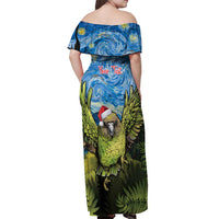 Personalised Jumping Kakapo Christmas Off Shoulder Maxi Dress New Zealand Fern - Starry Night Style LT14 - Polynesian Pride