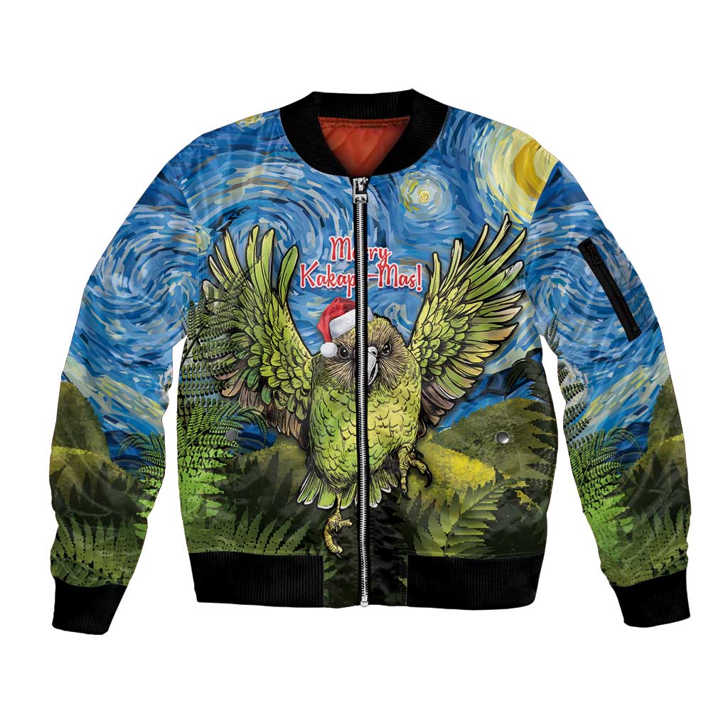 Personalised Jumping Kakapo Christmas Sleeve Zip Bomber Jacket New Zealand Fern - Starry Night Style