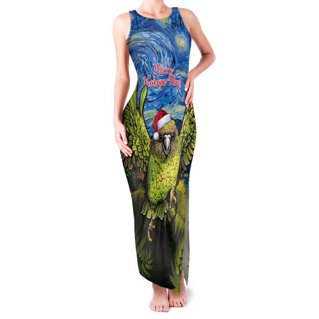 Personalised Jumping Kakapo Christmas Tank Maxi Dress New Zealand Fern - Starry Night Style LT14 Women Green - Polynesian Pride
