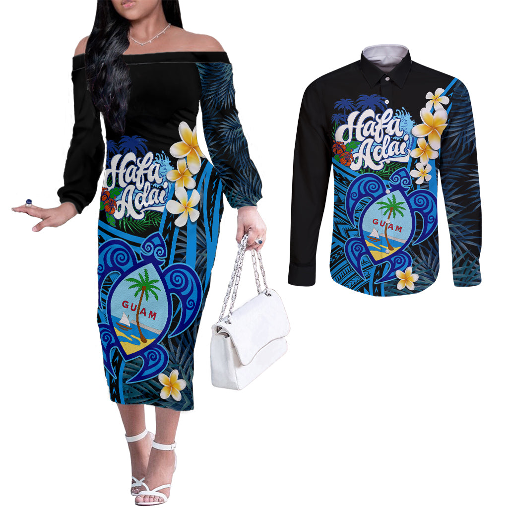 Hafa Adai Guam Couples Matching Off The Shoulder Long Sleeve Dress and Long Sleeve Button Shirt Guahan Sea Turtle Tropical Style LT14 Blue - Polynesian Pride