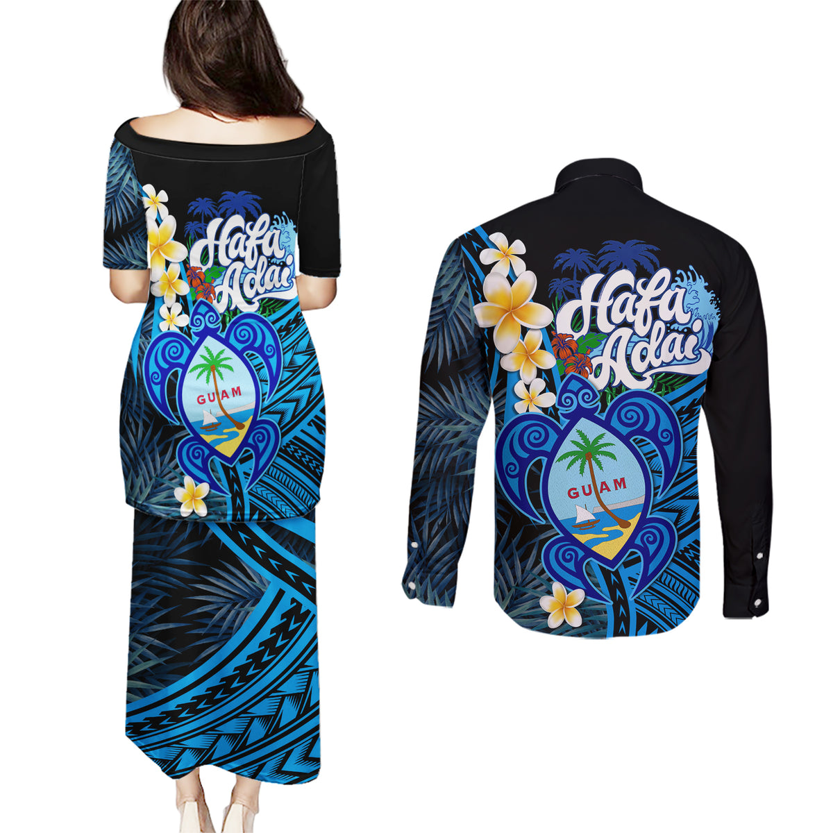 Hafa Adai Guam Couples Matching Puletasi Dress and Long Sleeve Button Shirt Guahan Sea Turtle Tropical Style LT14 - Polynesian Pride