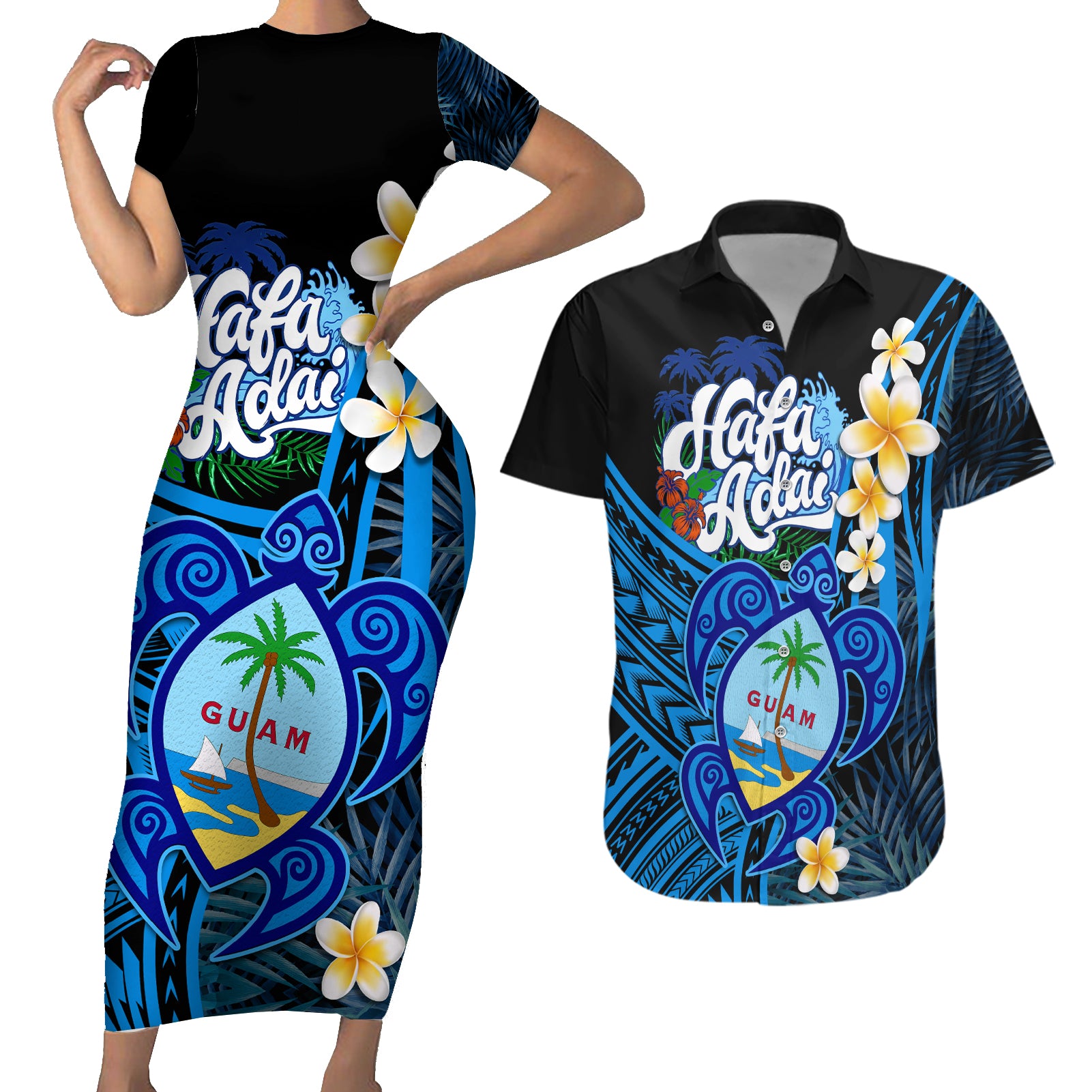 Hafa Adai Guam Couples Matching Short Sleeve Bodycon Dress and Hawaiian Shirt Guahan Sea Turtle Tropical Style LT14 Blue - Polynesian Pride