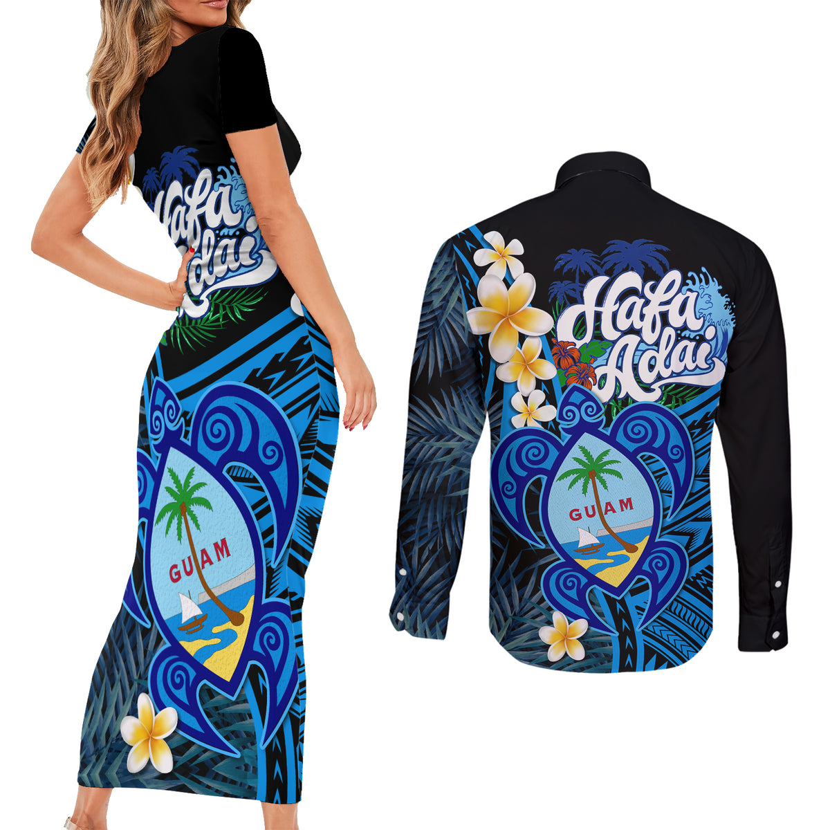 Hafa Adai Guam Couples Matching Short Sleeve Bodycon Dress and Long Sleeve Button Shirt Guahan Sea Turtle Tropical Style LT14 - Polynesian Pride