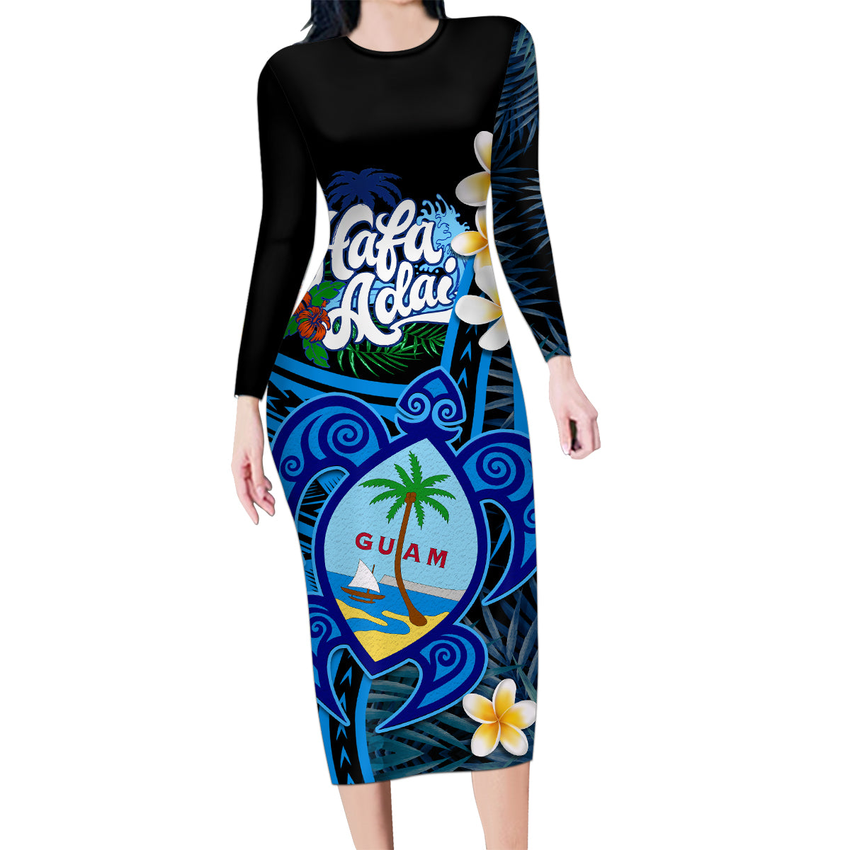Hafa Adai Guam Family Matching Long Sleeve Bodycon Dress and Hawaiian Shirt Guahan Sea Turtle Tropical Style LT14 Mom's Dress Blue - Polynesian Pride