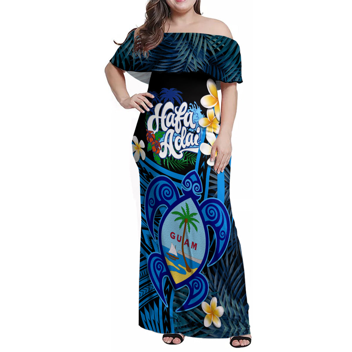 Hafa Adai Guam Family Matching Off Shoulder Maxi Dress and Hawaiian Shirt Guahan Sea Turtle Tropical Style LT14 Mom's Dress Blue - Polynesian Pride