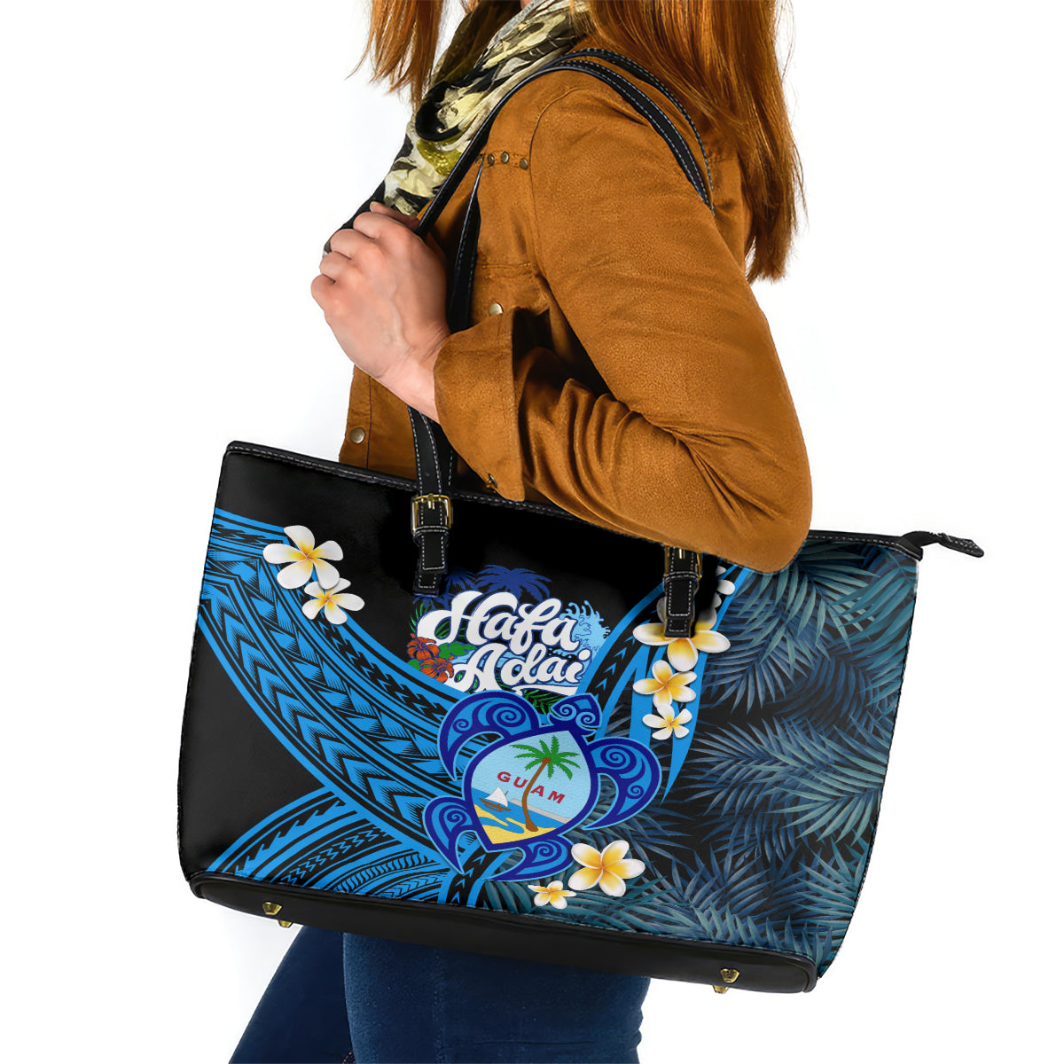 Hafa Adai Guam Leather Tote Bag Guahan Sea Turtle Tropical Style LT14 Blue - Polynesian Pride