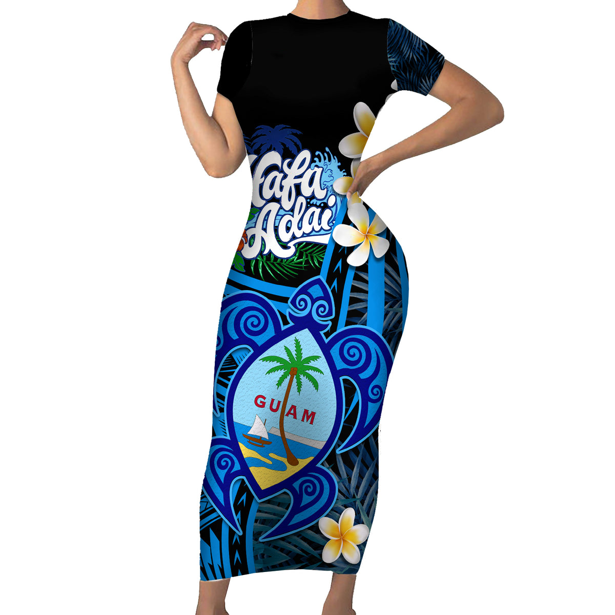 Hafa Adai Guam Short Sleeve Bodycon Dress Guahan Sea Turtle Tropical Style LT14 Long Dress Blue - Polynesian Pride