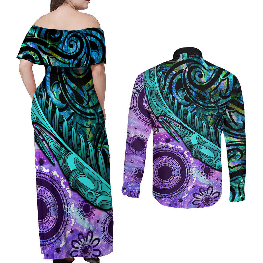 New Zealand Paua Shell With Australia Opal Unique Combine Couples Matching Off Shoulder Maxi Dress and Long Sleeve Button Shirt LT14 - Polynesian Pride