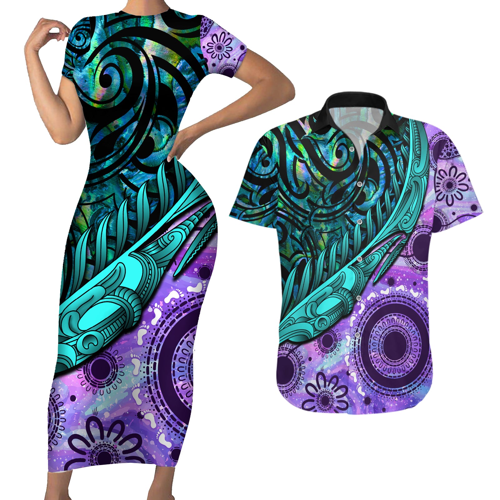 New Zealand Paua Shell With Australia Opal Unique Combine Couples Matching Short Sleeve Bodycon Dress and Hawaiian Shirt LT14 Green - Polynesian Pride