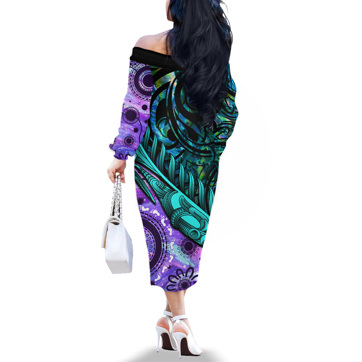 New Zealand Paua Shell With Australia Opal Unique Combine Family Matching Off Shoulder Long Sleeve Dress and Hawaiian Shirt LT14 - Polynesian Pride