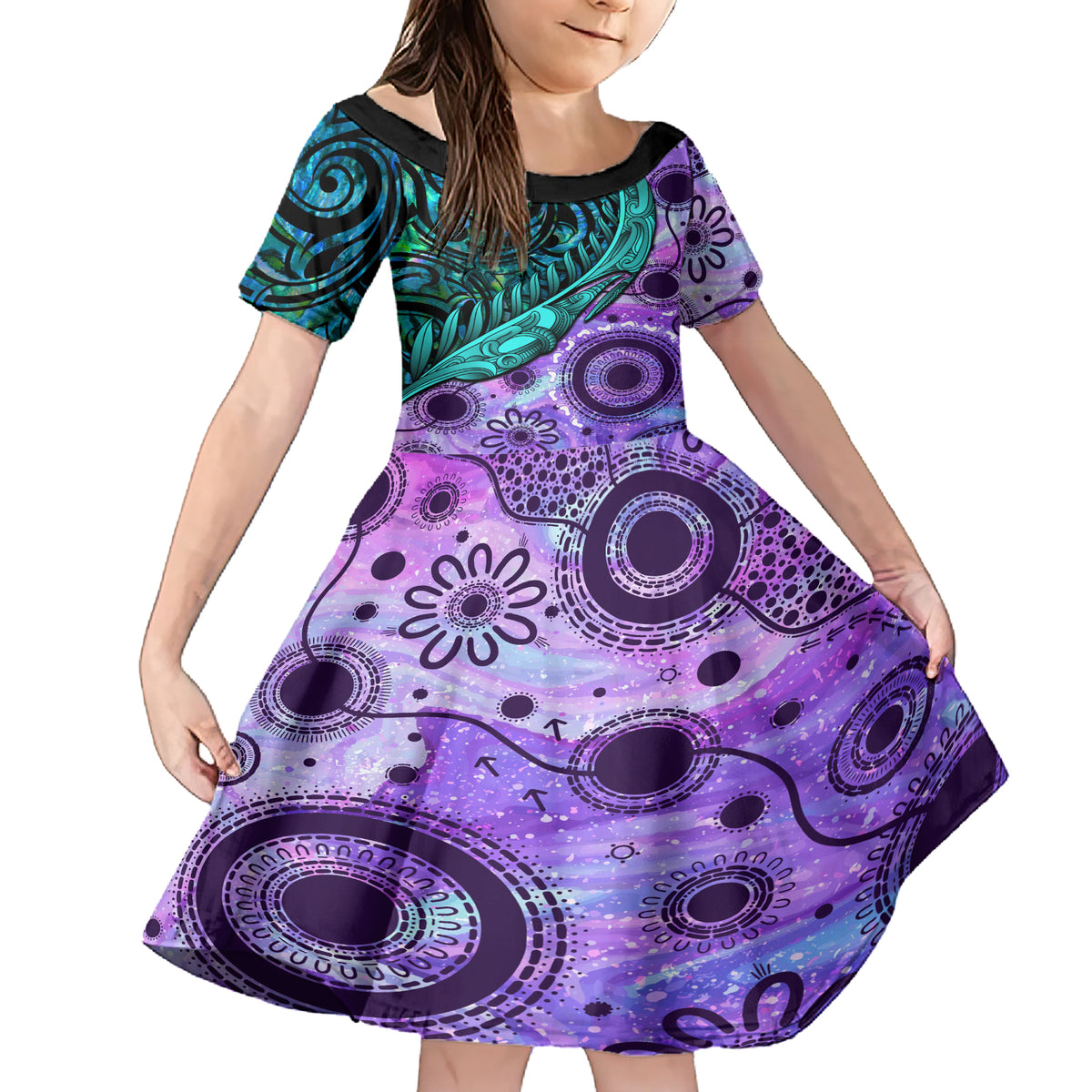 New Zealand Paua Shell With Australia Opal Unique Combine Family Matching Short Sleeve Bodycon Dress and Hawaiian Shirt LT14 Daughter's Dress Green - Polynesian Pride