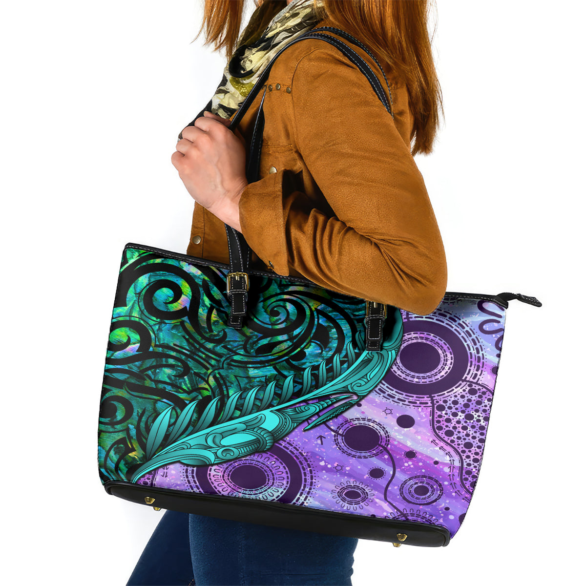 New Zealand Paua Shell With Australia Opal Unique Combine Leather Tote Bag LT14 Green - Polynesian Pride