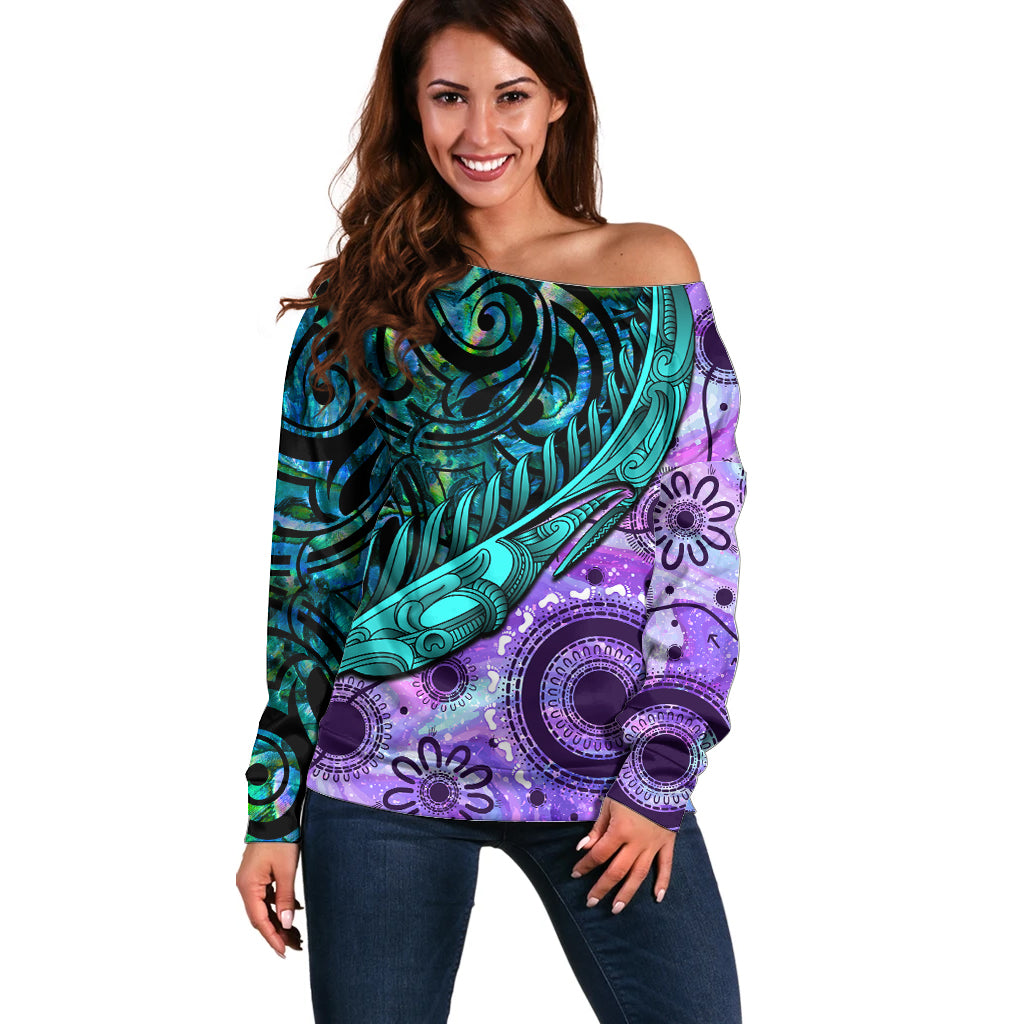 New Zealand Paua Shell With Australia Opal Unique Combine Off Shoulder Sweater LT14 Women Green - Polynesian Pride