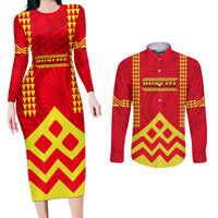 Hawaii Mauna Kea Couples Matching Long Sleeve Bodycon Dress and Long Sleeve Button Shirt Hawaiian Kakau Tribal Pattern LT14 Red - Polynesian Pride