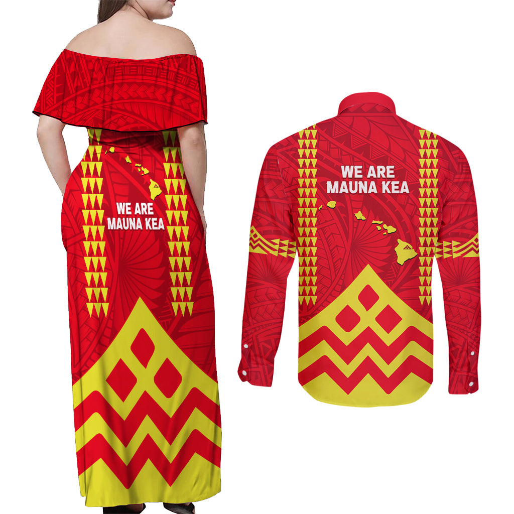 Hawaii Mauna Kea Couples Matching Off Shoulder Maxi Dress and Long Sleeve Button Shirt Hawaiian Kakau Tribal Pattern LT14 - Polynesian Pride