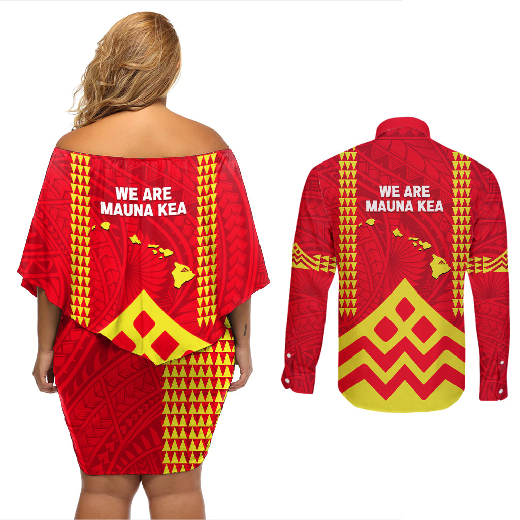 Hawaii Mauna Kea Couples Matching Off Shoulder Short Dress and Long Sleeve Button Shirt Hawaiian Kakau Tribal Pattern LT14 - Polynesian Pride